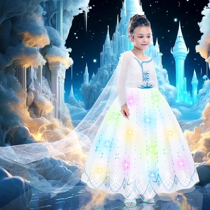 Glamtots Princess Costume with Long Cape for Girls Age 3-10 （white）